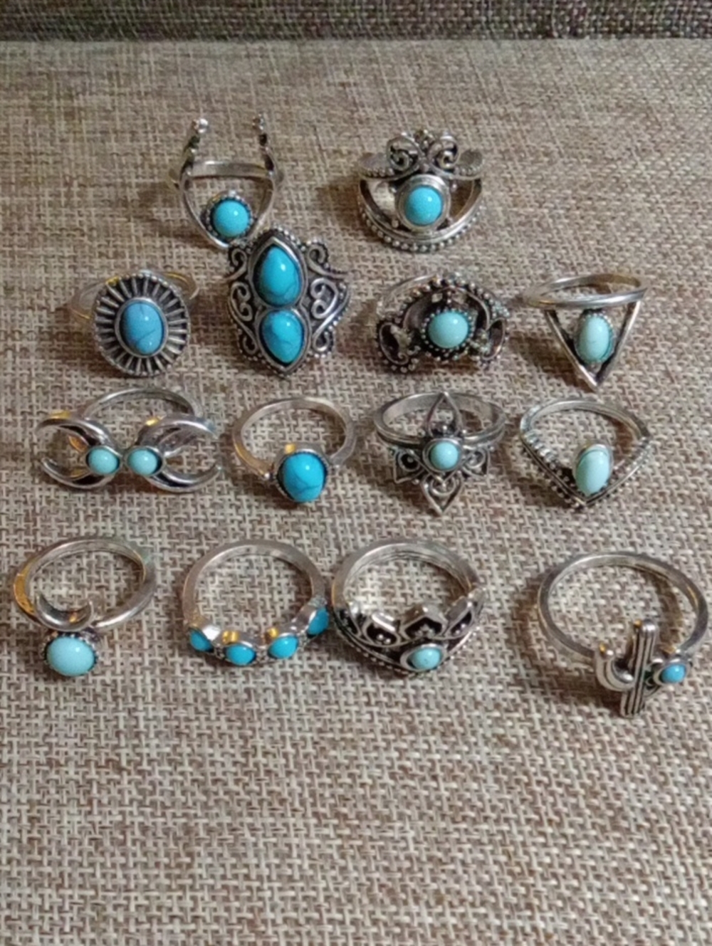Turquoise Silver Boho Ring Set (14 Rings) - Women Jewelry